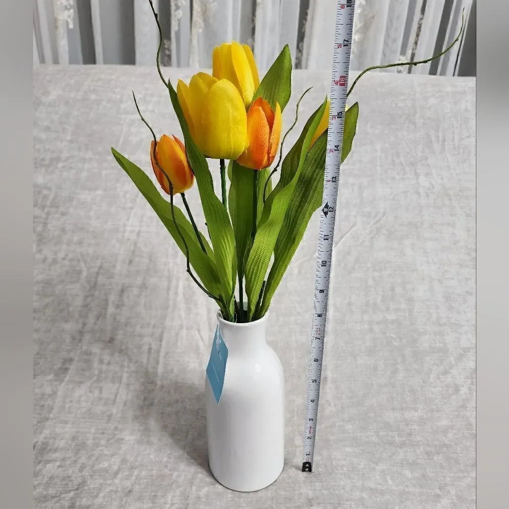 New Yellow Orange Real Feel Tulip Arrangement in Ceramic Vase, 16